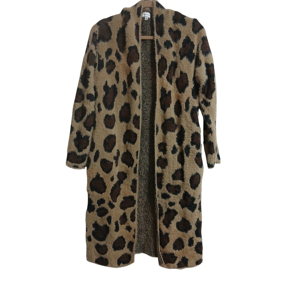 Kaylas Armoire Leopard Print Fuzzy Open Front Long‎ Cardigan Sweater M L